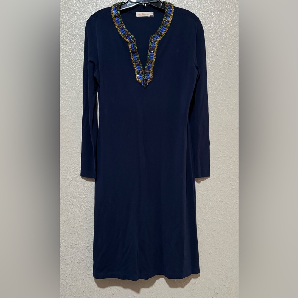 ToryβBurch Sabina Midi Sheath Dress W Sz. Med Blue Jeweled Trim Resort Cruise